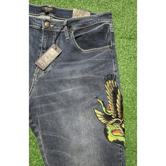 NWT Ed Hardy Eagle Snake Slim Straight Y2K Med Blue Denim Jeans (Men's 36)